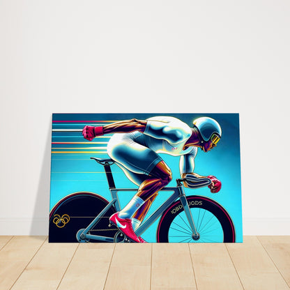 Canvas artwork of a cyclist in aerodynamic form, depicted with vivid strokes and color gradients to convey speed and motion.