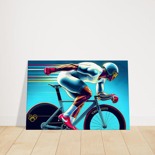 Canvas artwork of a cyclist in aerodynamic form, depicted with vivid strokes and color gradients to convey speed and motion.