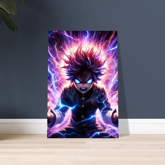 Anime warrior with stormy hair and electric energy, surrounded by lightning vortex on vibrant metal poster.