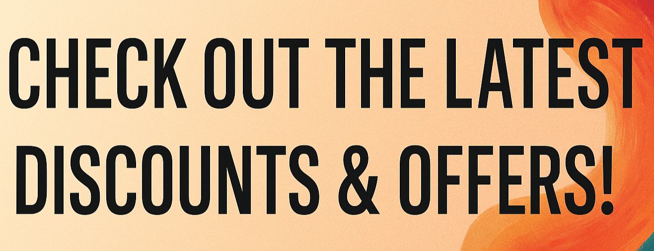 Promotional text 'Check out the latest discounts & offers!' on a peach background with abstract orange and blue shapes.