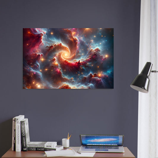 Metal poster depicting two massive celestial bodies in a majestic cosmic dance amid distant galaxies and the infinite expanse of deep space.
