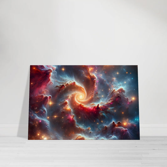 Two massive celestial bodies spiral toward each other amid glowing galaxies and deep space in a cosmic dance.