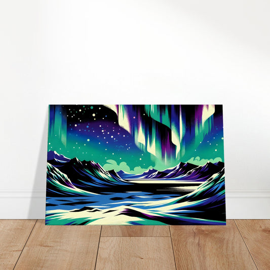 Pop art-style aurora lights in bright colors over dark, angular mountains with a reflective lake and starry sky.