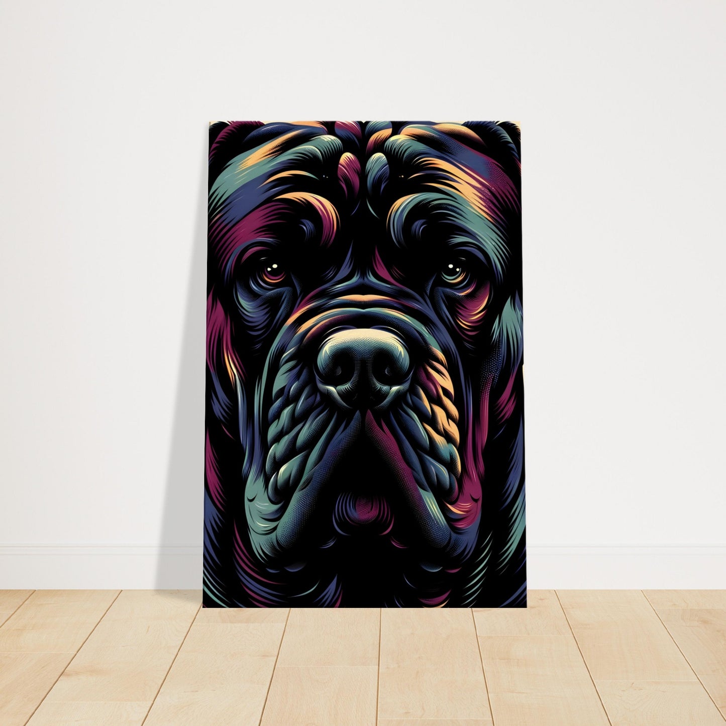 Vibrant pop art Cane Corso with colorful patterns and expressive eyes in a bold contemporary style.

