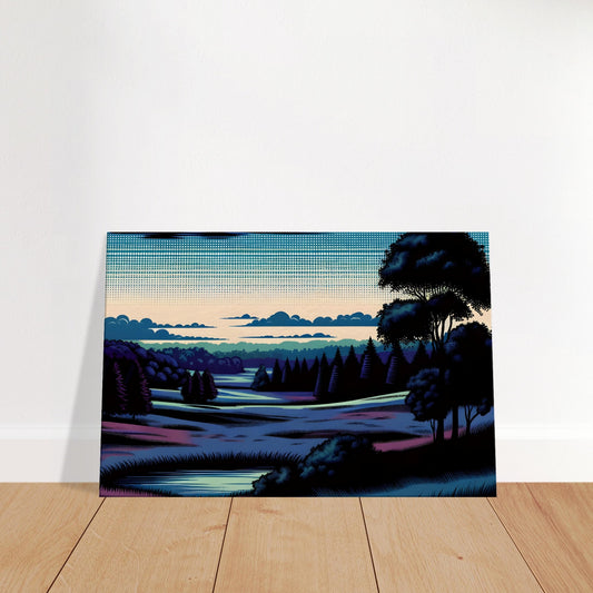 Pop art rural landscape at dusk with dark tree silhouettes, halftone sky, and stylized rolling fields in bold contrast.
