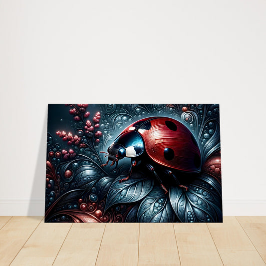 Pop art style canvas print of a ladybug with rich red and black patterns and silver accents against a contrasting background.