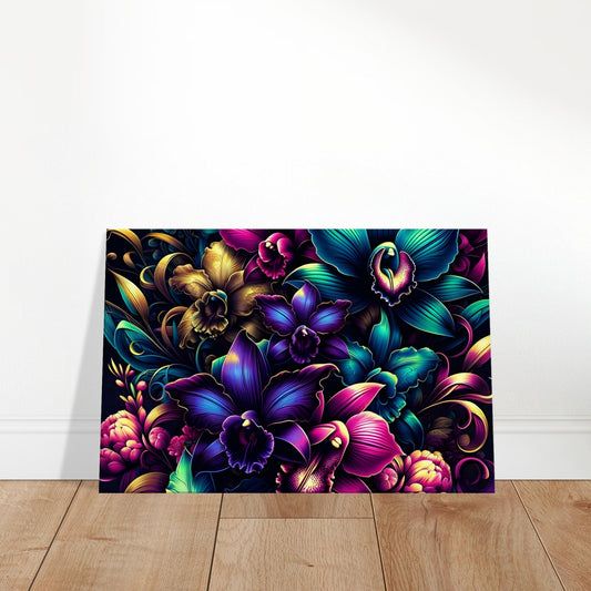 Pop art floral arrangement featuring neon orchids, lilies, and chrysanthemums with bold outlines on a dark background.