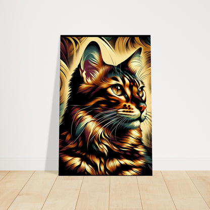 Pop art-style Bengal cat with golden fur and a swirling dark background, highlighted by bold contrasts and intense gaze.