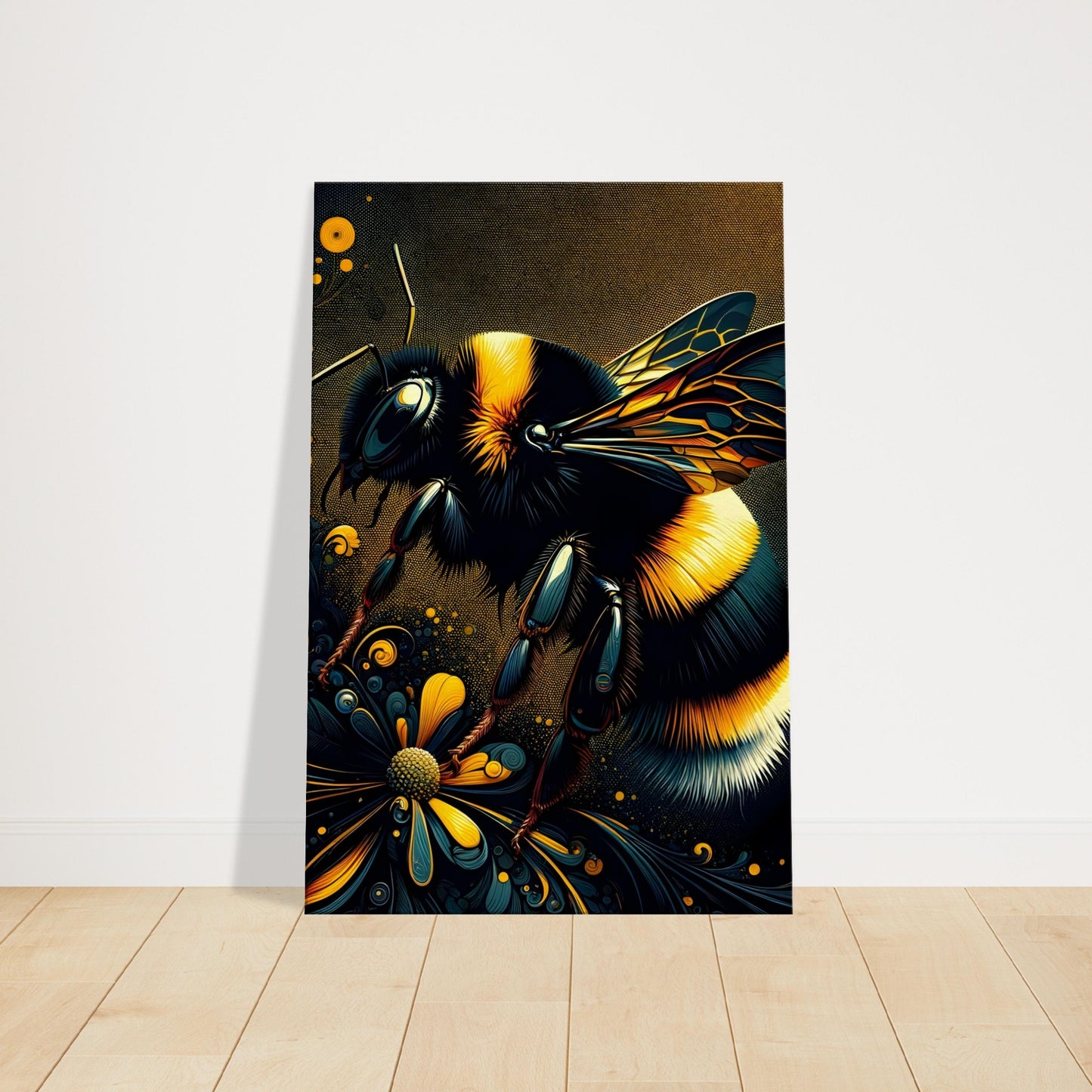 Pop art style canvas print of a bumblebee with vivid yellow and gold stripes against a dark background.
