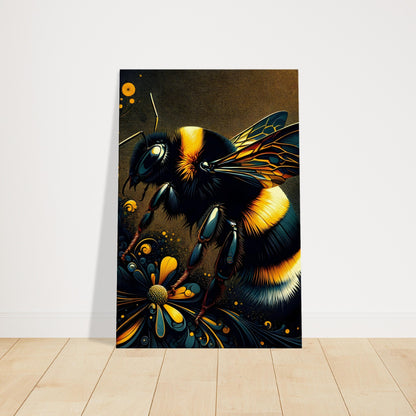 Pop art style canvas print of a bumblebee with vivid yellow and gold stripes against a dark background.