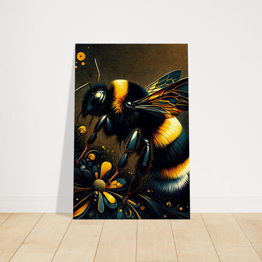 Pop art style canvas print of a bumblebee with vivid yellow and gold stripes against a dark background.