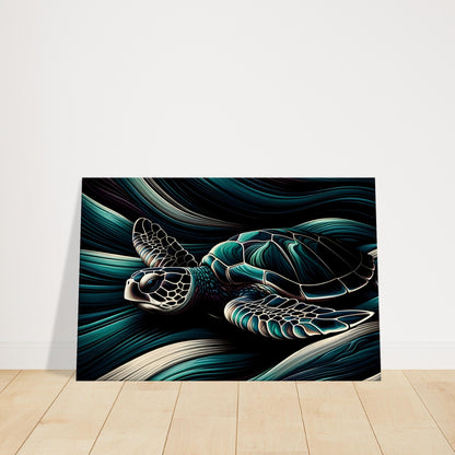 Pop art image of a sea turtle with swirling dark lines and neon accents swimming through ocean currents.