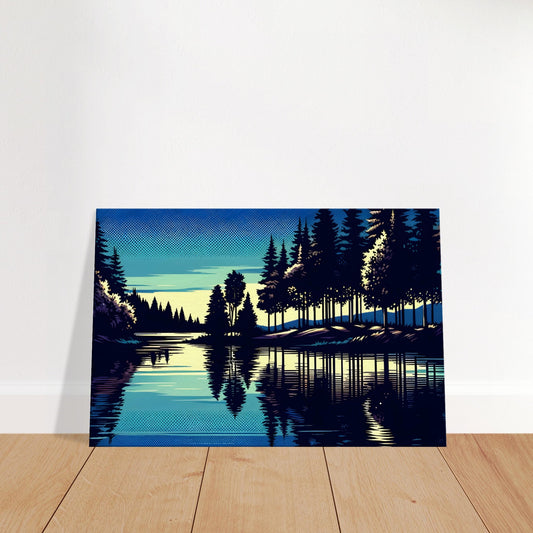 Pop art-style twilight lake with tree reflections, deep blue water, yellow sky accents, and dotted gradient sky.