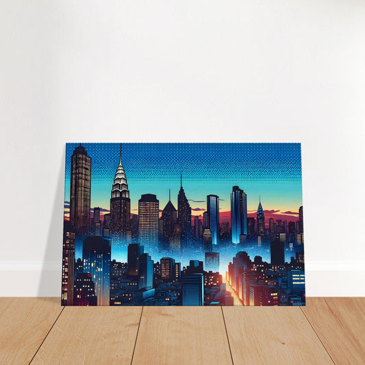 Pop art city skyline canvas at night with glowing windows and gradient twilight sky