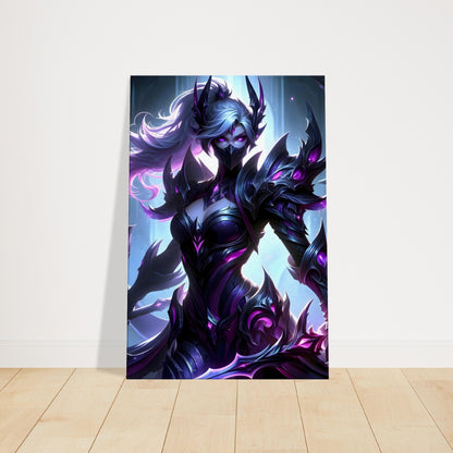 Female anime warrior in glowing dark armor, holding weapon, set against a mystical night backdrop with purple and blue accents.