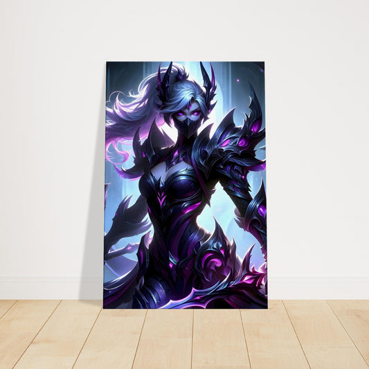 Female anime warrior in glowing dark armor, holding weapon, set against a mystical night backdrop with purple and blue accents.