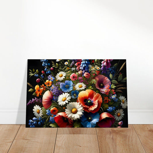 Wildflower bouquet with daisies, poppies, and lupines in vivid color set against a deep, dark background.