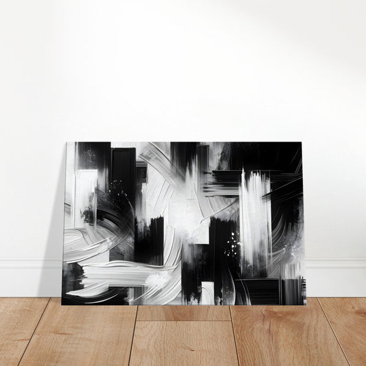 Abstract black and white artwork with dramatic contrast, depicting the conceptual battle between light and darkness through bold brushstrokes and textured layers.