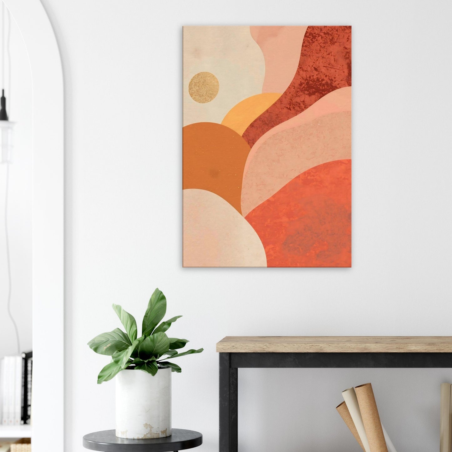 Warm abstract canvas artwork showing a sunrise scene with layered apricot, blush, and orange waves beneath a glowing sun.