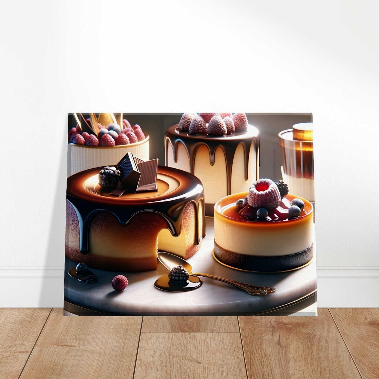 Canvas art depicting lustrous glazed cakes adorned with berries, cream, and chocolate.