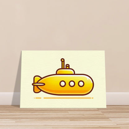 Cartoon-style yellow submarine with large eyes on a soft light yellow to white gradient background.