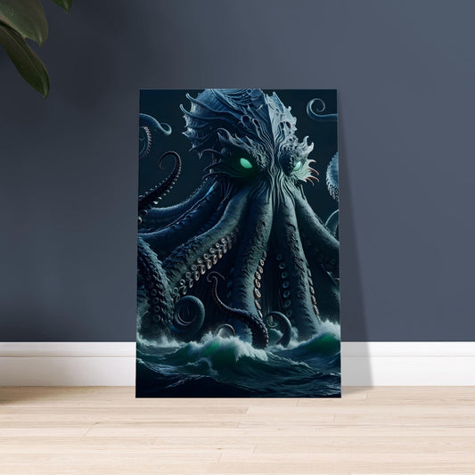 Artwork of a massive Kraken with glowing green eyes and dark-scaled tentacles emerging from a churning, deep ocean.