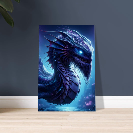 Artwork of a massive sea monster with glowing eyes and purple-blue scales swimming through a bioluminescent deep-sea environment.