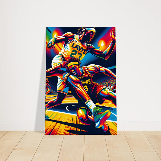 Colorful artwork of two basketball players in a foul moment, set on a stylized court with a vibrant crowd in the background.