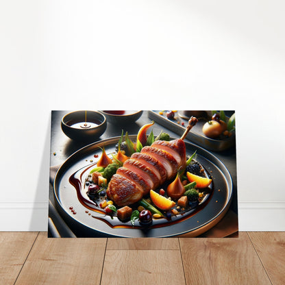 Canvas art depicting crispy duck breast with cherry or orange sauce and seasonal vegetable medley.
