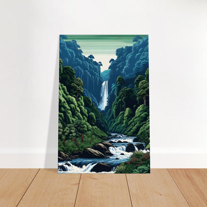 Pop art jungle waterfall scene with vibrant green foliage, cascading white water, and a shimmering river in a dense tropical rainforest.