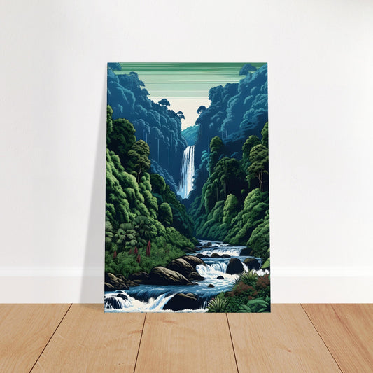 Pop art jungle waterfall scene with vibrant green foliage, cascading white water, and a shimmering river in a dense tropical rainforest.