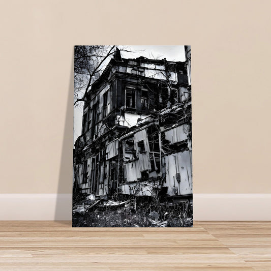 Black and white canvas of a crumbling derelict building with broken windows and bare trees
