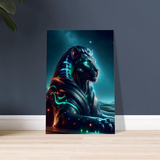 Artwork of a Sphinx with glowing green, blue, and red highlights in a dark desert landscape with pyramids under moonlight.