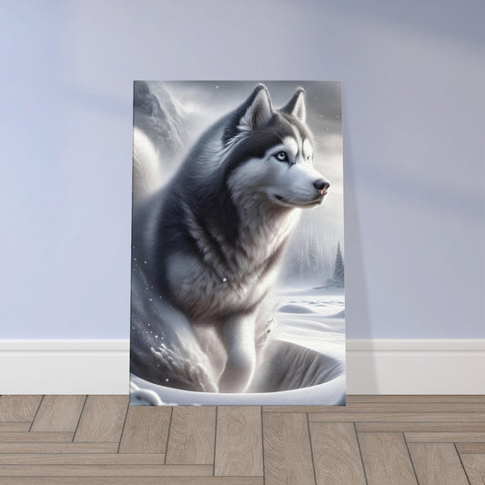 Siberian Husky digging in the snow, silver and black coat contrasting with a white winter landscape.