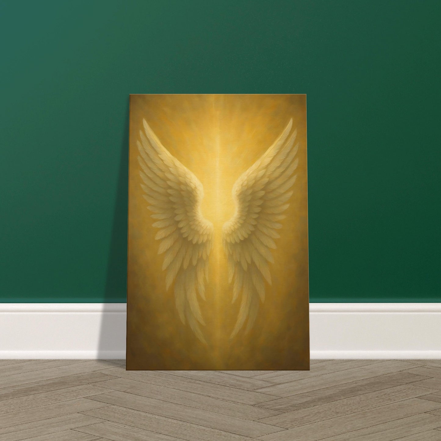 Elegant angel wings glowing against radiant golden light. Displayed on premium canvas wall art print.