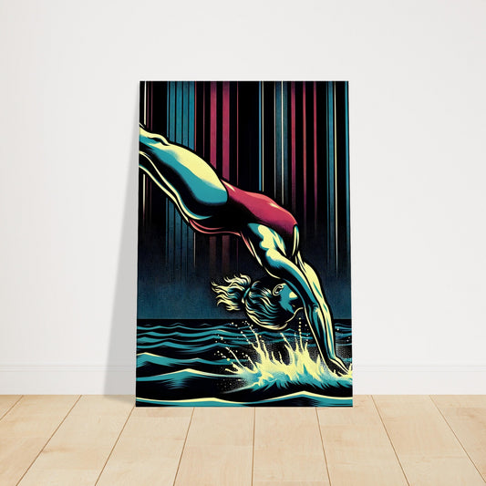 Canvas artwork of a diver in mid-air descent with fluid lines and vibrant colors, highlighting grace, poise, and motion toward water.