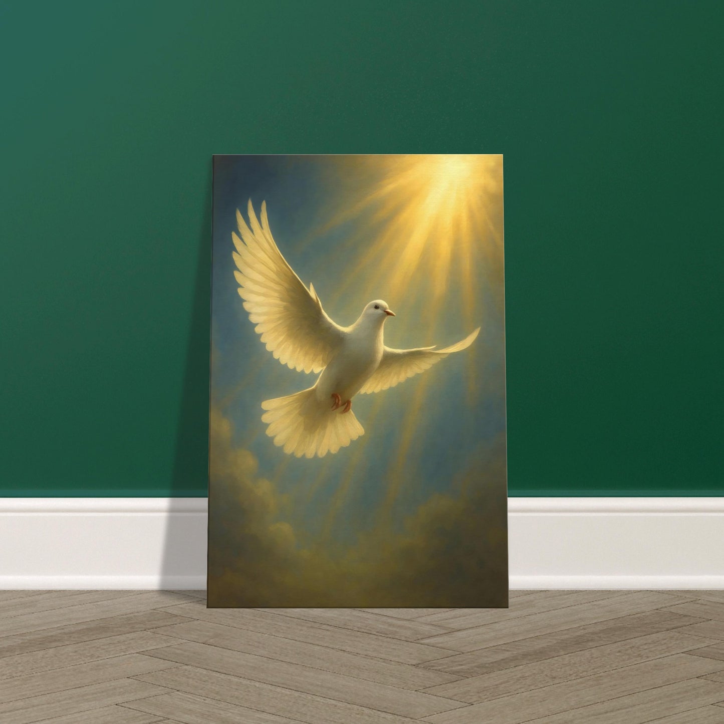 White dove mid-flight with wings spread, illuminated by golden sun rays in a blue sky. Displayed on premium canvas wall art print.