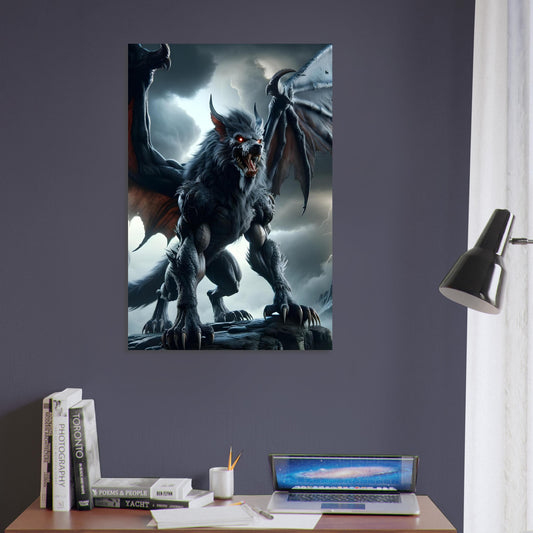 Metal poster of a fierce wolf-dragon creature with glowing red eyes, leathery wings, and black fur standing on a stormy mountain peak.