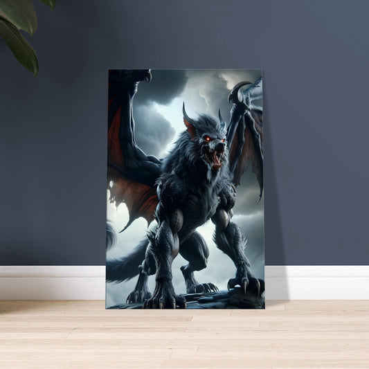 Artwork of a wolf-dragon hybrid with dark fur, leathery wings, glowing red eyes, and fangs standing on a mountain in a storm.