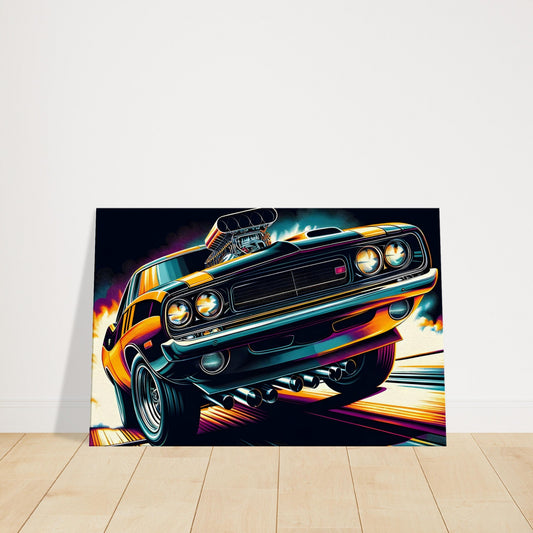 Supercharged muscle car launching on dragstrip with flames and smoke, captured in fiery, high-energy perspective.