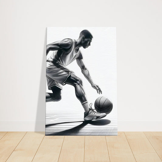 Pencil sketch of a basketball player mid-dribble, showcasing realistic body posture, ball movement, and court presence.
