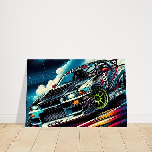 High-performance racecar drifting with smoking tires and vivid streaks of color, showcasing speed and control.