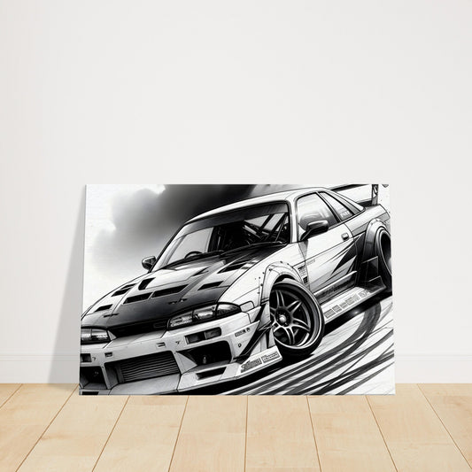 Illustrated racecar drifting sideways with smoking tires, sharp linework, and vivid shading for a bold, fast-paced effect.