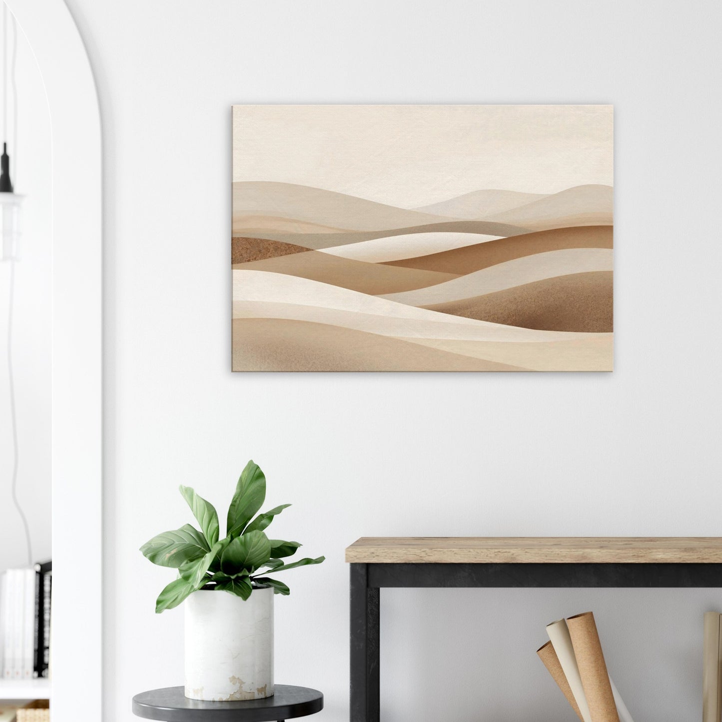 Neutral landscape canvas featuring sweeping dune-like curves in oatmeal and soft stone tones.
