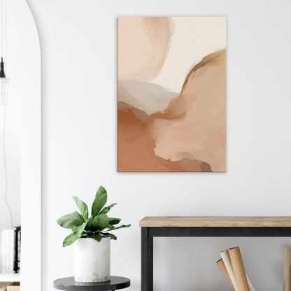Soft warm abstract canvas artwork with cream, clay, and blush tones forming dune-like flowing shapes.