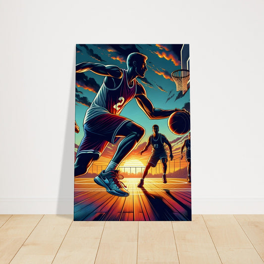 Street basketball scene at sunset with silhouetted players in motion on a court, capturing action and warm golden light.