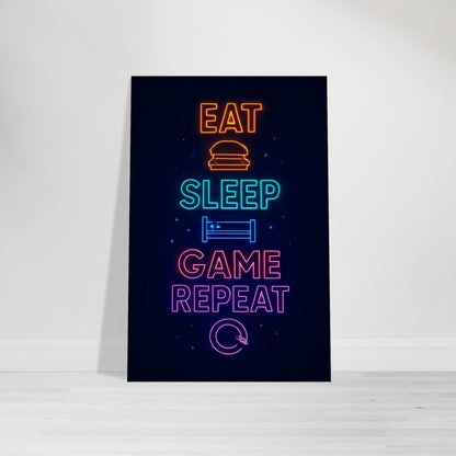 Neon wall art with glowing icons and text reading Eat Sleep Game Repeat.