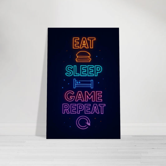 Neon wall art with glowing icons and text reading Eat Sleep Game Repeat.