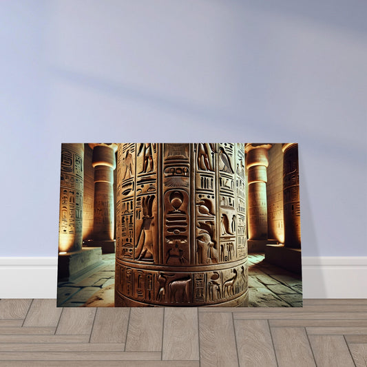 Ancient Egyptian temple pillar with detailed hieroglyphics, sacred symbols, and deities illuminated by soft interior light.