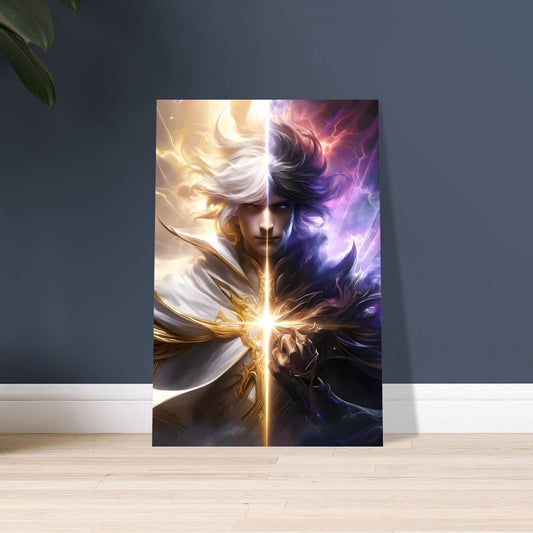 Anime warrior Eclipse Guardian surrounded by lightning and dark energy, balancing light and shadow in powerful metal poster artwork.